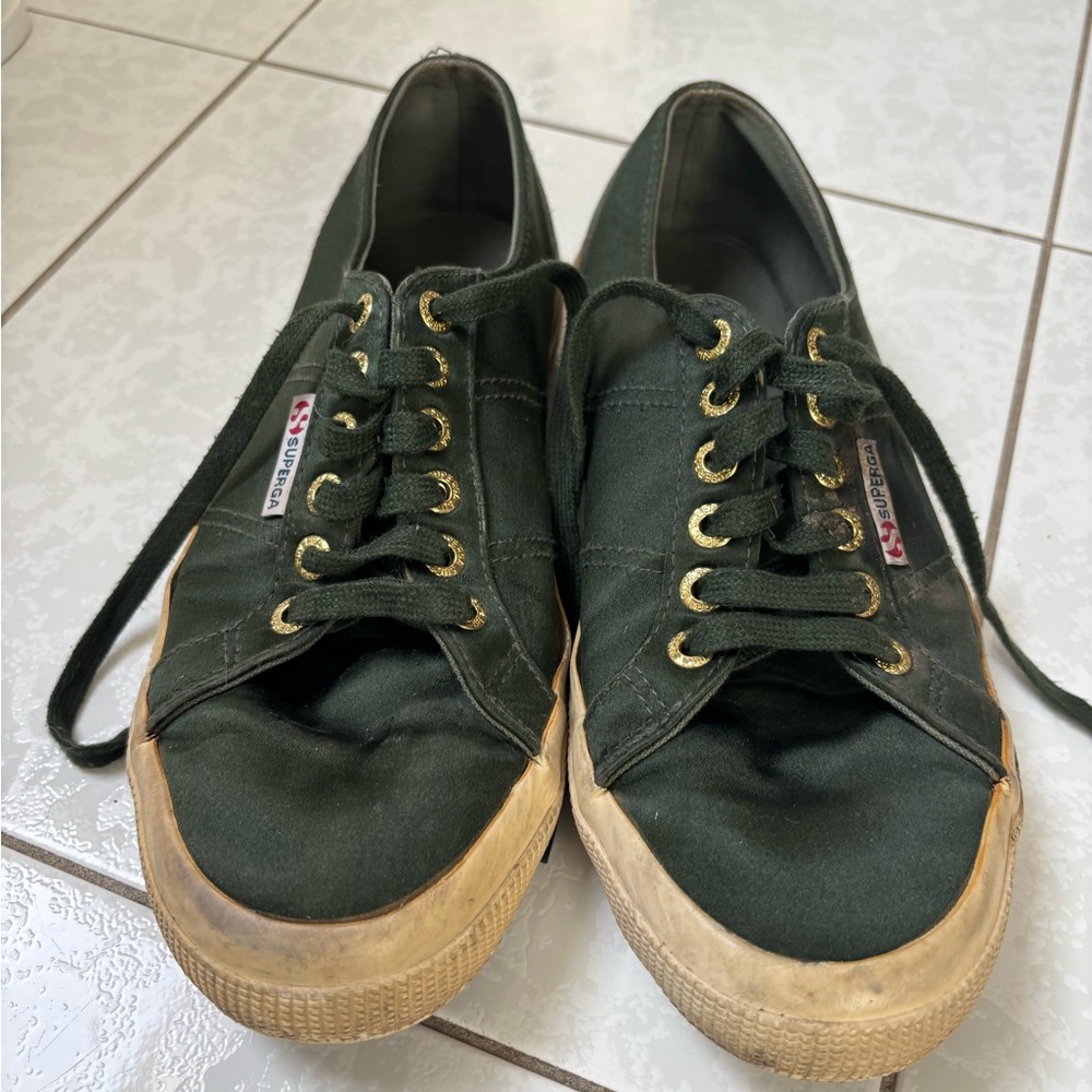 Superga shiny dark green satiny Canvas Sneakers